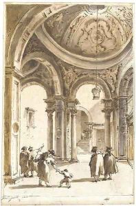 Figures in a loggia below an elaborately stuccoed cupola, a courtyard beyond