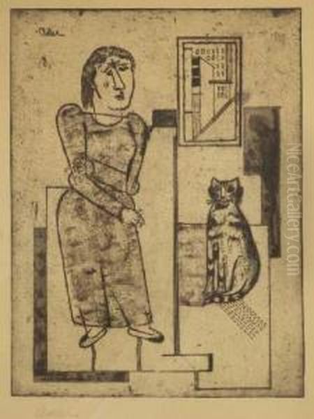Stehendes Madchen Und Sitzende Katze - view 1