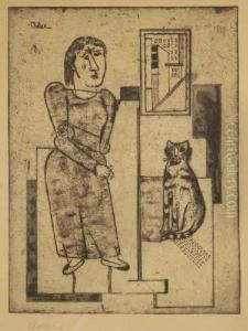 Stehendes Madchen Und Sitzende Katze