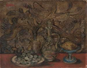 Tischstilleben Vor Tapisserie Mit Blume, Lowe, Hirsch Und Vogeln
