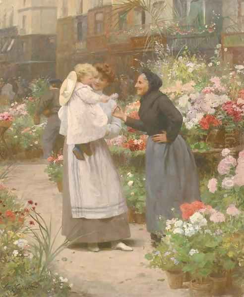 A Flower Seller Offering a Flower to a Child - view 1