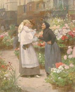 A Flower Seller Offering a Flower to a Child