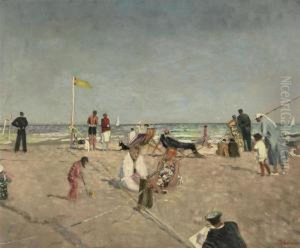 A Busy Day On The Beach At Deauville, France by Lucien Adrion