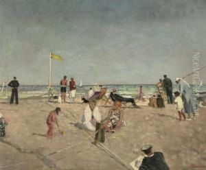 A Busy Day On The Beach At Deauville, France by Lucien Adrion