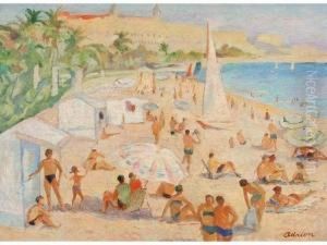 Scene De Plage A Cannes by Lucien Adrion