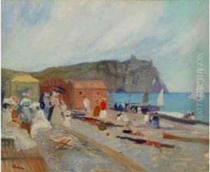 Scene De Plage En Normandie Pres Des Falaises D'etretat by Lucien Adrion
