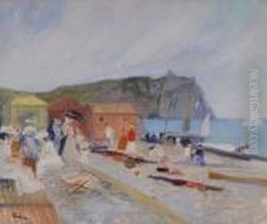 Scene De Plage A Etretat En Normandie by Lucien Adrion