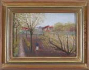Spazierganger In Franzosischer Fruhlingslandschaft by Lucien Adrion