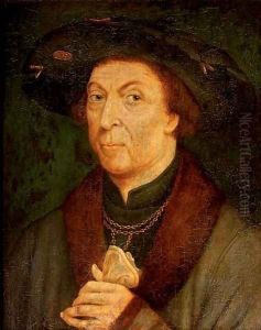 Portrait of a nobleman, bust-length, in a grey fur-lined coat over a black costume and a black hat with pilgrim signs, holding a white glove by Jan Mabuse