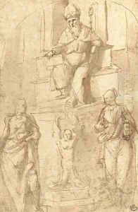 A bishop seated on a throne, with two standing figures A bishop seated on a throne, with two standing figures
