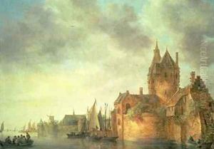 A castle by a river with shipping at a quay by Jan van Goyen