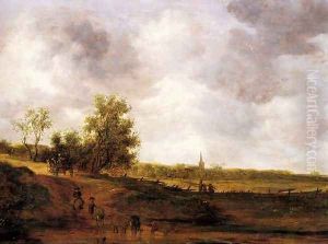 A rural landscape with peasants and a drover by a track, a village beyond by Jan van Goyen