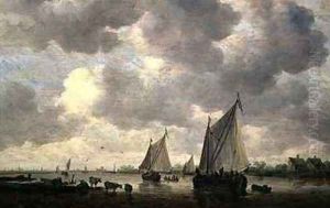 A Canal in Holland or Two Large Sailing Ships and Cattle Near a River