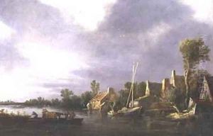 A Village by a River with Peasants and Cattle on a Ferry