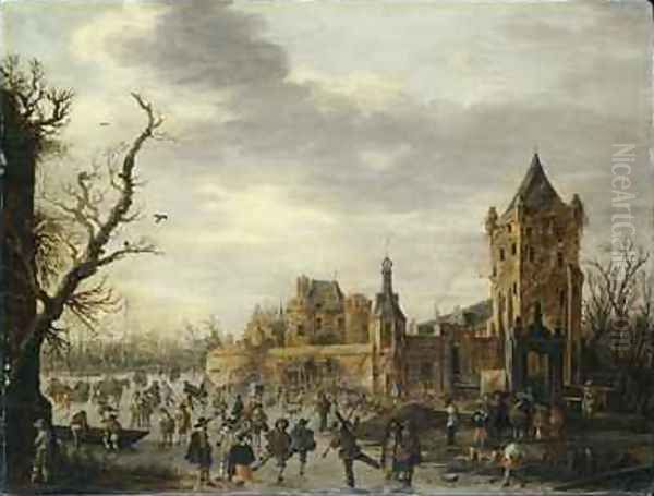 A View of Kasteel Batestein Vianen in Winter with a Gentleman, his Wife and Retinue Watching Winter Sports on the Ice - view 1