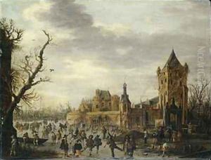 A View of Kasteel Batestein Vianen in Winter with a Gentleman, his Wife and Retinue Watching Winter Sports on the Ice by Jan van Goyen