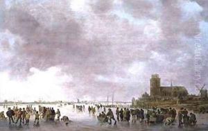 A Winter Landscape with Figures Skating on the Ice by Jan van Goyen