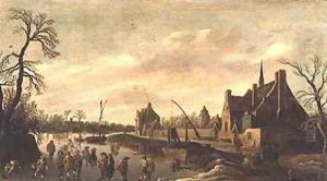 Frozen River Landscape with Skaters by Jan van Goyen