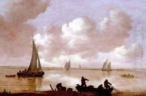 An estuary with fisherman hauling in their nets by Jan van Goyen