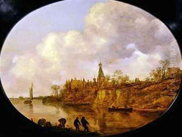 Three Fishermen Hauling a Net and Baskets on the Bank of a River Landscape with a Castle and Village in the Distance - view 1