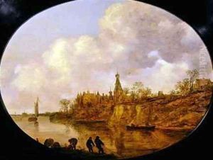 Three Fishermen Hauling a Net and Baskets on the Bank of a River Landscape with a Castle and Village in the Distance