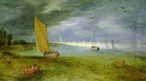 Stormy landscape with a lightning bolt over the Haarlemer Meer by Jan van Goyen