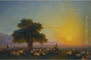 Shepherds With Their Flock At Sunset by Ivan Konstantinovich Aivazovsky