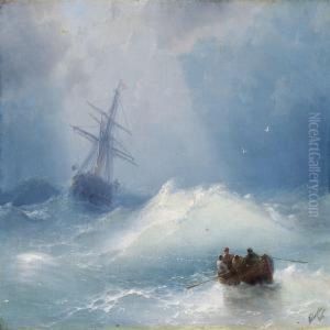 Seascape With A Sailing Ship And And A Dinghy In Roughwaves by Ivan Konstantinovich Aivazovsky