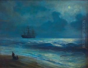 Clipper Ship At Sea In Moonlit Scene With Figures Atshore by Ivan Konstantinovich Aivazovsky