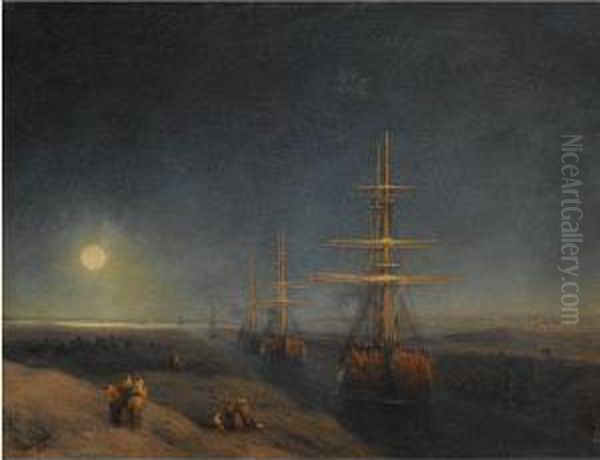 Ships Passing Through A Canal In Moonlight - view 1
