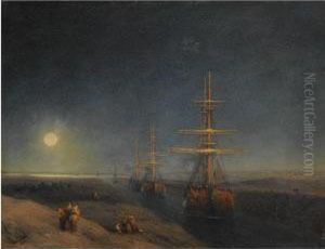 Ships Passing Through A Canal In Moonlight by Ivan Konstantinovich Aivazovsky