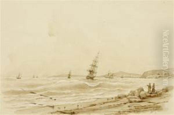Coastal Landscape With Ships On A Stormy Sea And Two Figures On A Beach - view 1