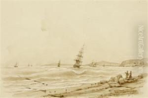 Coastal Landscape With Ships On A Stormy Sea And Two Figures On A Beach by Ivan Konstantinovich Aivazovsky