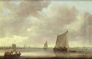 Shipping on the Kil with Oude Wachthuis and the Grote Kerk Dordrecht beyond by Jan van Goyen