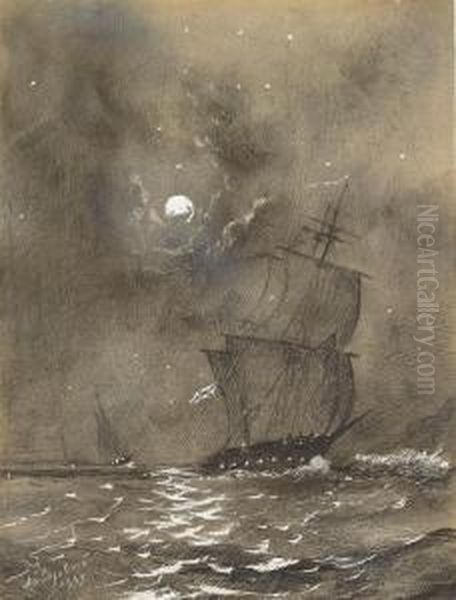 Vessels In Full Sail By Moonlight - view 1