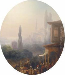 A Market Scene In Constantinople, With The Hagia Sophiabeyond