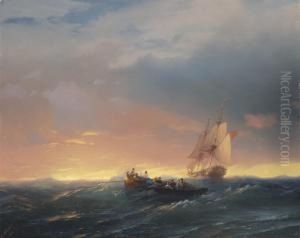 Vessels In A Swell At Sunset by Ivan Konstantinovich Aivazovsky
