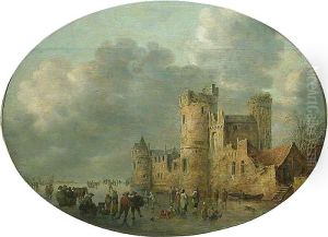 Skaters in front of a Medieval Castle by Jan van Goyen