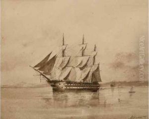 Marine De Guerre , Vue D'un Tres Grand Voilier 3 Mats A Doublerangee De 74 Canons