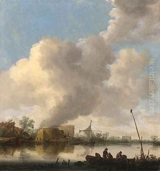 A river landscape with fishermen in a rowing boat, a lime kilm, farmhouses and a church beyond - view 1