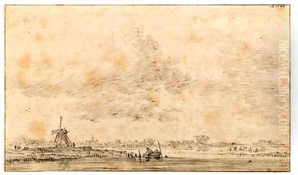 A River Landscape with a Windmill, fishermen tending nets in the foregound and a church in the distance - view 1