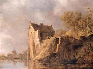 Fishermen in a rowingboat by a landing stage near a ruined castle on a cloudy day by Jan van Goyen