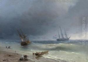 Two Sailing Ships And A Rowing Boat With Sailors At The Coast. 1872. by Ivan Konstantinovich Aivazovsky