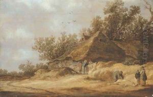 A dune landscape with peasants conversing by a farm and others standing by a dead boar on a sandy road by Jan van Goyen