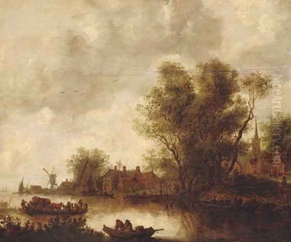 A river landscape with a ferry, a church beyond - view 1