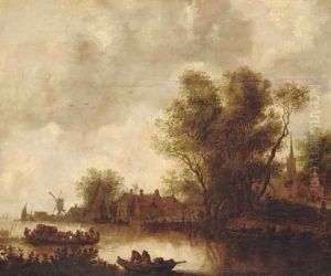 A river landscape with a ferry, a church beyond by Jan van Goyen