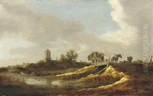 A river landscape with figures in a horse-drawn cart crossing a bridge, a village with a church beyond - view 1