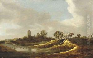 A river landscape with figures in a horse-drawn cart crossing a bridge, a village with a church beyond by Jan van Goyen