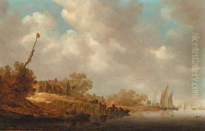 A river landscape with fishermen in boats and a ferry by a village jetty