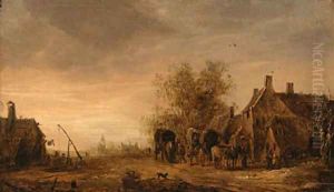 A view of the village of Renkum, with travellers in wagons resting on the roadside by an inn, the church beyond by Jan van Goyen